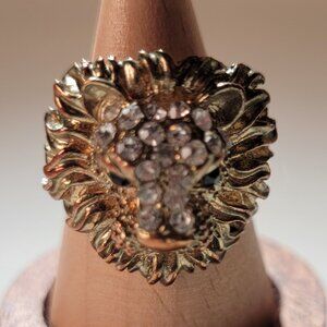 Lion Head Gold-Tone Rhinestone Crystal Unisex Ring Adjustable Size 5-8